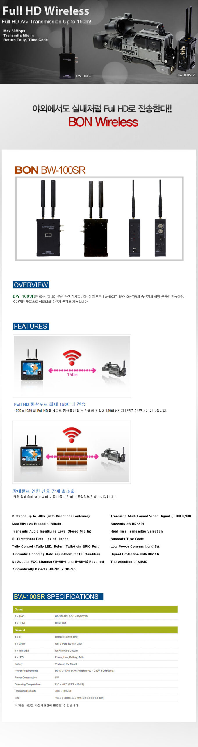 본 모니터 BW-100SR 수신기 /HDMI Out/HD/SD-SDI/3G